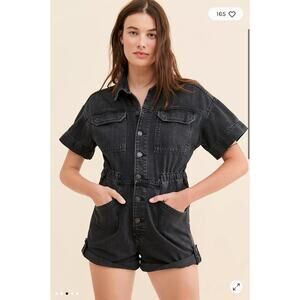 We the Free People Marci Jumpsuit M Cuffed Shortall Denim Jean One Piece Romper